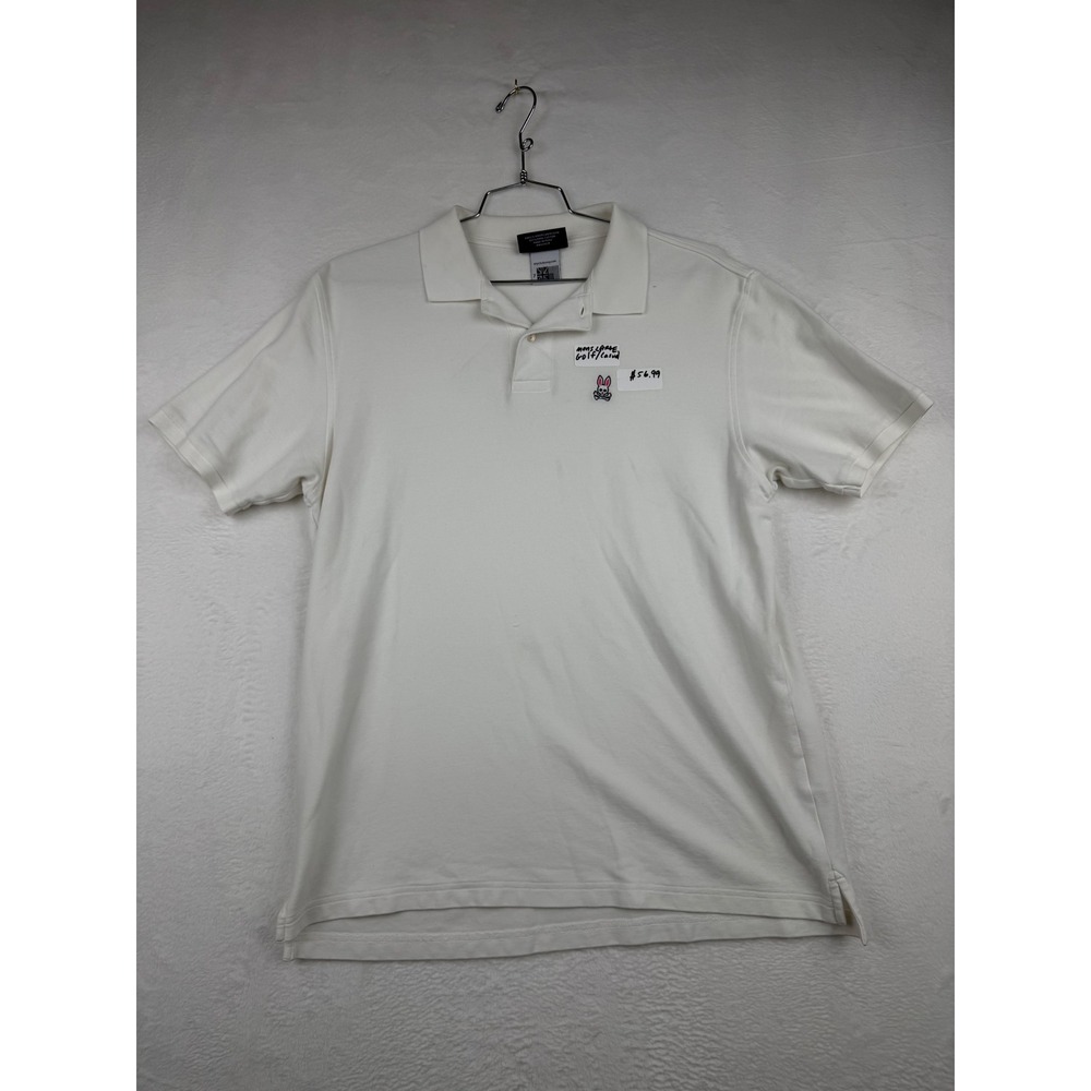 Psycho Bunny Mens Large White Pima Cotton Short Sleeve Polo Shirt Logo Pique